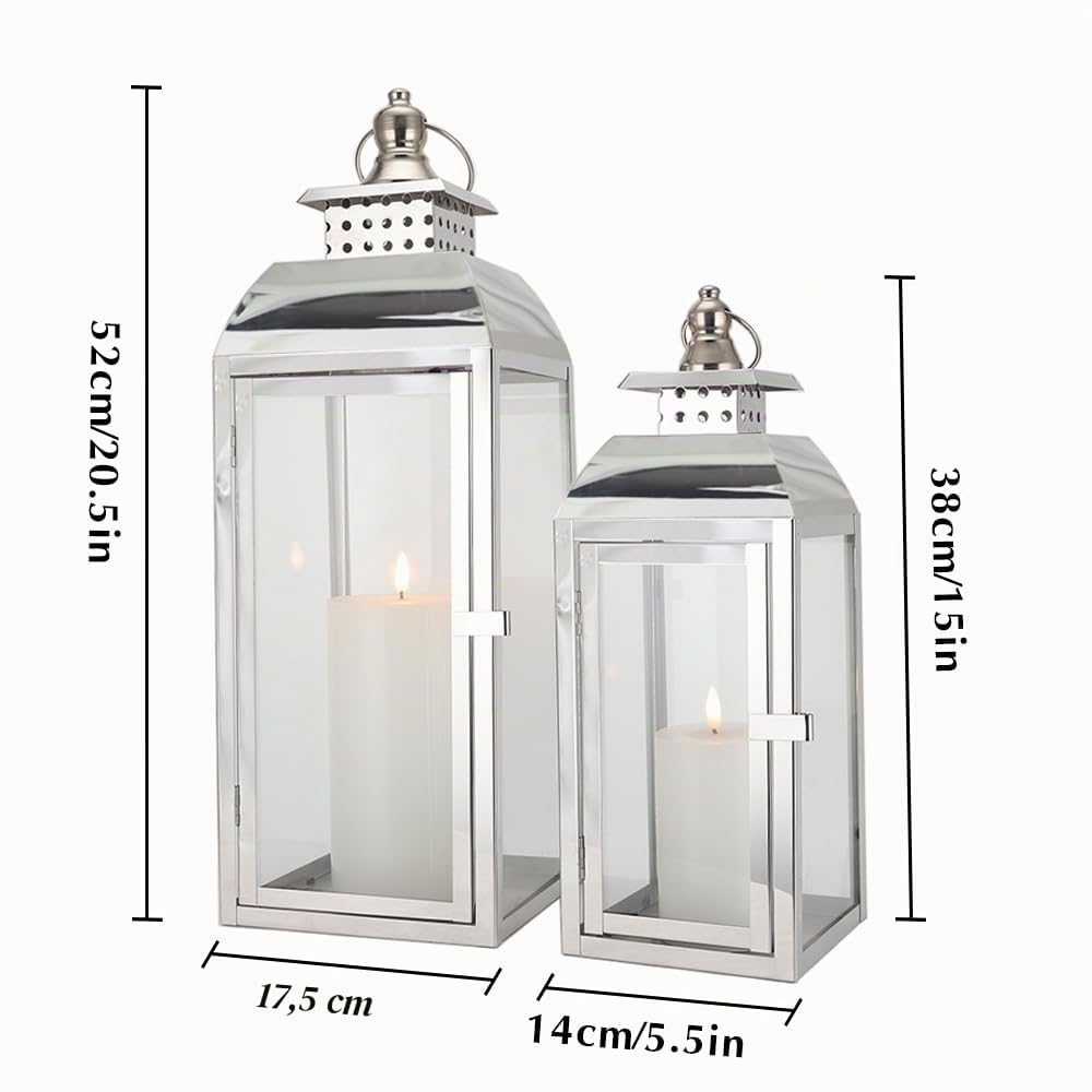 JHY DESIGN Edelstahl Hängende Kerzen Laternen, 52cm & 38cm Hoch 2er Set Pagode Kerzenlaternen Große Kerzenhalter für Indoor Party Hochzeit Wohnzimmer Graden Eingangsbereich Outdoor Balkon(Silber)