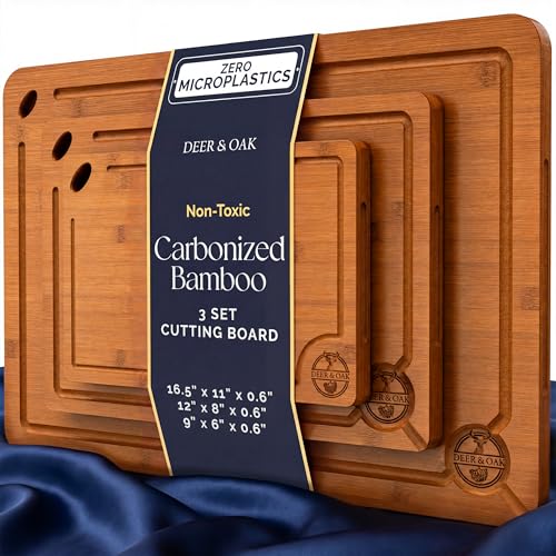 Pre-Oiled, Non Toxic 3-Piece Carbonized Bamboo Cutting Board Set, Eco-Friendly Wooden Chopping...
