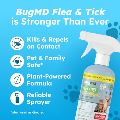 Image of BugMD Flea and Tick Spray for Dogs and Cats - Kills & Repels on Contact - Plant-Powered Flea Treatment for Home, Furniture & Carpet | Makes 32 oz