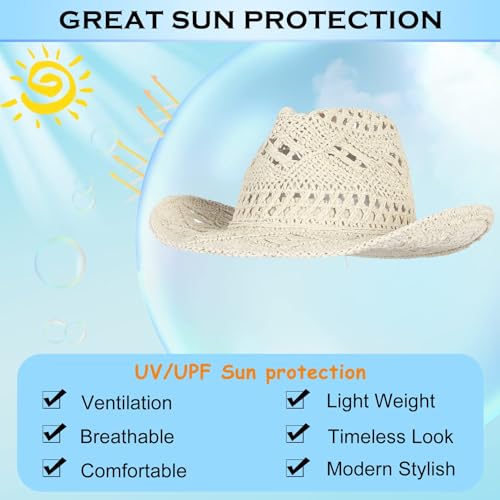 Image of Men & Women's Summer Cowboy Cowgirl Straw Hat Hollow Out Woven Roll Up Wide Brim Sun Hat with Chin Strap