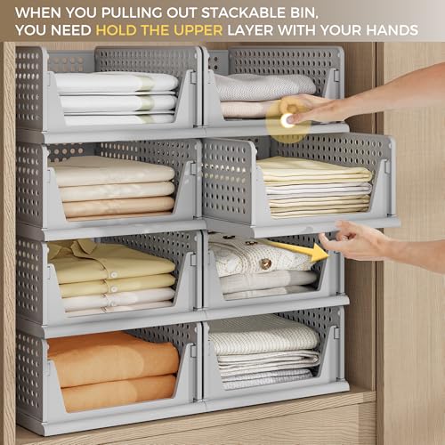 Image of Pinkpum 8 Pack Closet Organizers and Storage Plastic Stackable Storage Bins, Foldable Drawer Shelf Storage Container for Wardrobe Kitchen Bathroom Dorm Grey