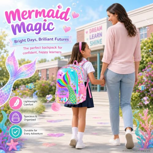 Image of 16 inch Mermaid Backpack for Girls, 3Pcs Kids Fish Tail Backpacks with Lunch Box, School Bookbag for Elementary Preschool Kindergarten(Pink)