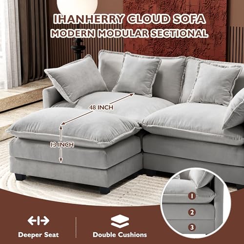 Image of Ihanherry 77 inch L Shaped Modern Sofa Modular Sectional Cloud Couch with Ottoman, 3-Seat Chenille Deep Seat Sofa with Pillow for Living Room, Bedroom and Apartment, Grey