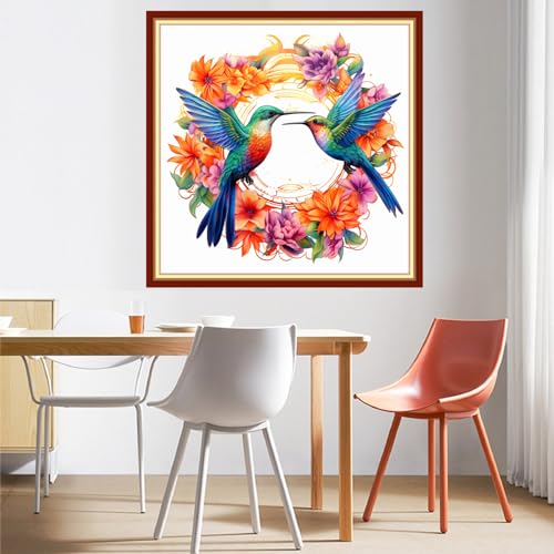 Image of DMCVIVR Stamped Cross Stitch Kits for Beginners Adults Needlepoint Kits for Beginners Embroidery Kits for Adults Crossstitch Kit for Beginners 11CT-Flower Wreath Hummingbird 18x18 inchs