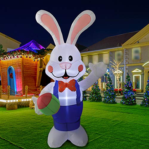 VCUTEKA Easter Inflatable Bunny Pushing Wheelbarrow with Eggs Blow Up Outdoor Decorations Lighted LED Lights Holiday Party Display Yard Lawn Patio Decorations 4FT 6FT Indoor Outside Decor