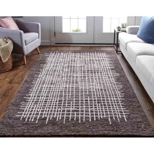 Image of Modern (High Low Pile) Pattern Wool Carpet with Loop Texture Yarn Anti Shedding Carpet Size 9x12 Feet B1 Brown Ivory Color