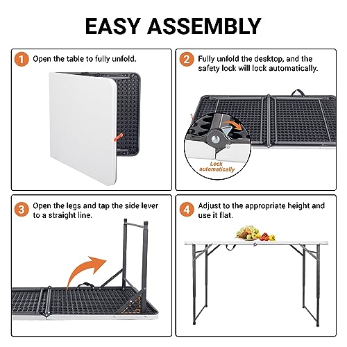 Image of Byliable Folding Table 4 Foot, Portable Plastic Card Heavy Duty Fold-in-Half Small Foldable Table, Indoor Outdoor Adjustable Height Folding with Carrying Handle for Picnic, Camping, Party, White
