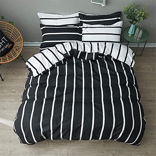 Couverture de Couette Set 4 Pièce Super Soft 100% Microfibre Polyester élégant Rayures Chambre à Coucher Ensembles Couette Couette Couette Taie d'oreiller-220x240cm-2.2m_Noir Simple