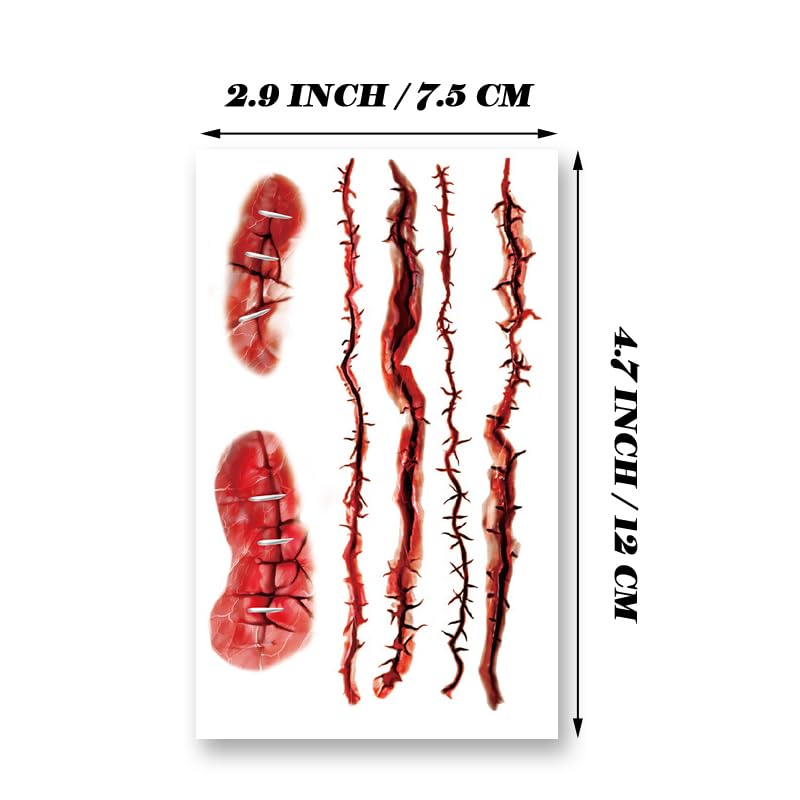 Miniatura 4 de Tatuaje facial de Halloween, 16 hojas realistas falsas de puntada de herida sangrienta, cicatriz, tatuajes falsos aterradores para mujeres, hombres