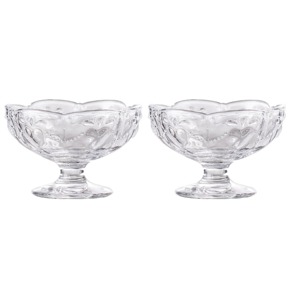 OnePine Set of 2 Vintage Glass Footed Ice Cream Bowls, 140ml Transparent Glass Sundae Dishes Dessert Dishes, Height 7cm Glass Dessert Bowls for Dessert, ice Cream, Sorbet, Fruit and Pudding, etc.