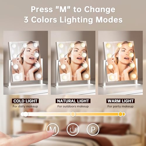 PUKANIUM Vanity Mirror with Lights, Hollywood Mirror with 9 Dimmable Led Bulbs and 3 Color Light, 360 Rotation with 10x Magnifying Mirror, Touchscreen Control, Tabletop Light Up Mirrors For Bedroom - Cosy Home Interiors PUKANIUM Vanity Mirror with Lights, Hollywood Mirror with 9 Dimmable Led Bulbs and 3 Color Light, 360 Rotation with 10x Magnifying Mirror, Touchscreen Control, Tabletop Light Up Mirrors For Bedroom - Image 2