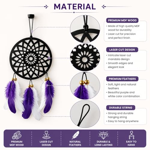Image of Acrylic Dream Catcher Car Hanging Ornament with Purple and White Feathers - Rear View Mirror Decor for Cars, Spiritual Wall Hanging Decoration for Home, Office and Gift Use (ROUND-ART-001)