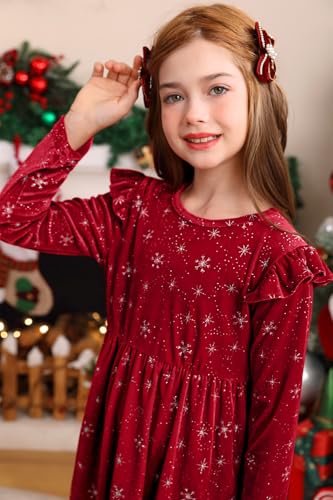 BesserBay Christmas Girls Velvet Solid Ruffle Long Sleeve Midi Dress 4-12 Years3