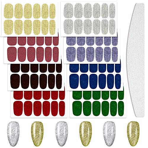 8 Sheets Glitter Nail Wraps Full Nail Art Polish Stickers Self-Adhesive Nail Art Decals Strips Solid Color Shine Nail Art Stickers with Nail File for Women Girls DIY Nail Art Decoration (Chic Colors)