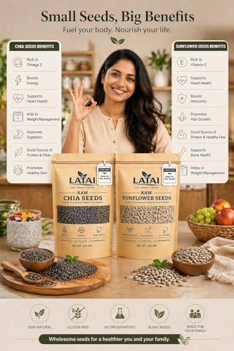 Image of LATAI Energy & Nutrition Seeds Combo Pack of 2 | Raw Chia Seeds & Sunflower Seeds | Naturally Rich in Omega 3, Protein, Fiber & Vitamin E | 200g Each (400g Total) | 100% Natural, Gluten Free
