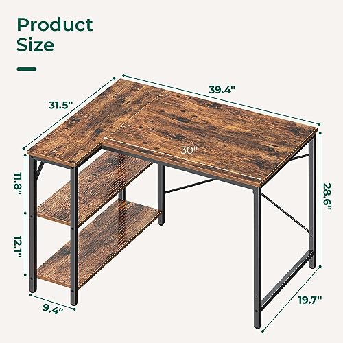 Huuger L Shaped Desk, 39 Inches Computer Desk with Reversible Storage Shelves, Gaming Desk, Corner Home Office Desks, Writing Study Desk with Metal Frame, Rustic Brown