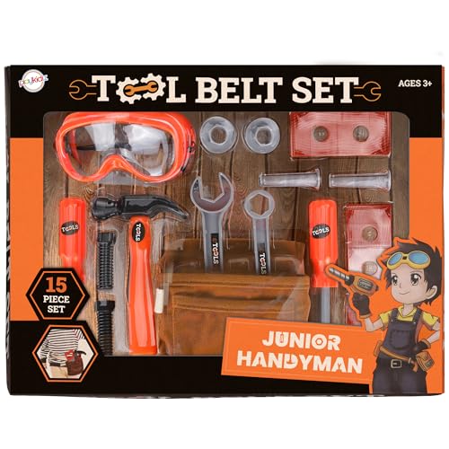 Playkidiz Kids Tool Belt Set - Adjustable Toddler Tool Belt to Pretend Construction, 15pc Durable Kids Toy Tool Set for Learning, Tool Toys for Ages 3+