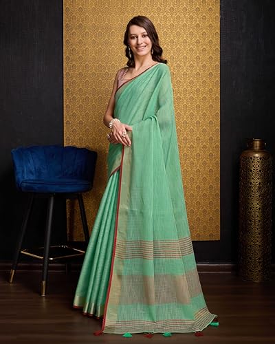 Image of SWORNOF Women's Linen Cotton Silk Saree with Unstitched Blouse Piece | Saree for Women | Saree with Blouse Piece | Soft and Skin Friendly