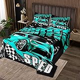 Homemissing Juego de colcha deportiva para coche de carrera, colcha acolchada para deportes extremos, colcha de competición deportiva para niños y niñas, colcha acolchada color verde azulado, tamaño