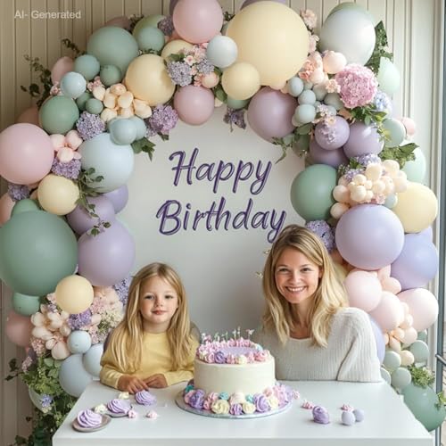 Image of Dusty Green Pink Purple Balloons Arch Kit, Double Stuffed Pastel Balloons Dusty Pink Mist Green Ivory Lavender Balloon for Birthday Boho Garden Party Wedding Wildflower Flower Butterfly Decorations