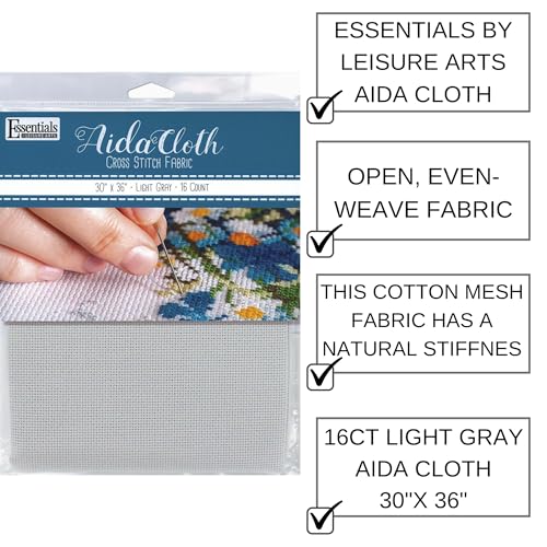 Image of Essentials By Leisure Arts Aida Cloth, 16 Count, Light Gray Cross Stitch Fabric, Embroidery Fabric, Cross Stitch Supplies for Crafting, Stitching, and Sewing Projects 30X36