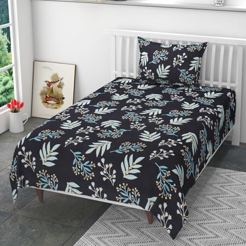 Image of 200 TC 100% Polycotton Printed Supersoft Bedsheet for Single Bed with 1 King Size Pillow Covers Soft /Breathable Wrinkel Free -60x90 Inches -Black
