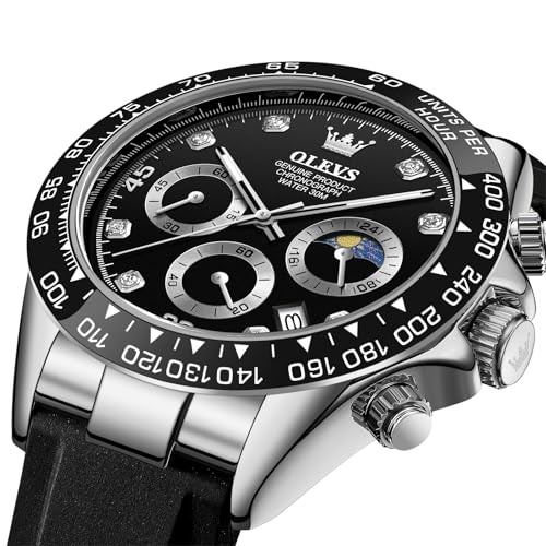 Image of OLEVS Watches for Men Business Diamond Moon Phase Male Watch Chronograph Fashion Dress Waterproof Date Analog Quartz Waterproof SiliconeMen Wrist Watch