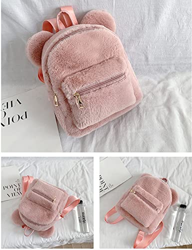 Cute Fuzzy Bear Ears Backpack Kawaii Soft Fluffy Casual Daypack Mini Shoulder Bag Purse for Girls (Pink)3
