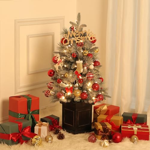 GarveeHome 3ft Small Christmas Tree 2 Set Pre-Lit Artificial Christmas Tree with 78 Led Lights, Snow Flocked Xmas Tree with Brown Base, Timer Function, Battery Operated, for Home Christmas Decor