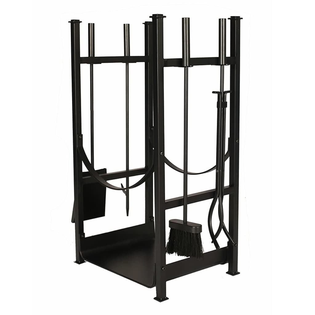 Scaffale per legna da ardere in ferro resistente con ripiano per attrezzi per la casa, organizer per legna da ardere con pala e spazzola clip in legno incluse
