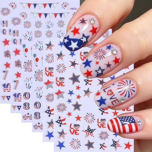 4th of July Nail Stickers for Nail Art 6 Sheets Independence Day Nail Decals with Patriotic Star Fireworks Letters Numbers Design Fourth of July Sticker American Holiday Manicure Decoration for Women