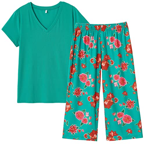 Image of Vozanet Women's V Neck Sexy Pajamas Capri Sets Mexican Style Floral Sleepwear 2PCS Totem Casual Nighty Plus Size M to 5XL