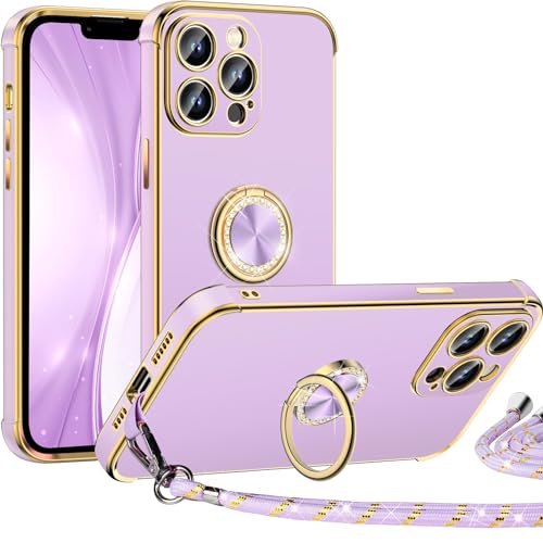 Custodia per iPhone 13 Pro con supporto ad anello lussuosa custodia elettrolitica con cordino per donne e ragazze morbida protettiva antiurto per 13 Pro da 6.1 tpu