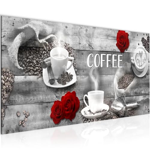 Runa Art Wandbild Kaffee Küche 1 Teilig 100 x 40 cm Modern Bild auf Vlies Leinwand Kaffeetasse Esszimmer Küchenbilder Grau Rot 027112c