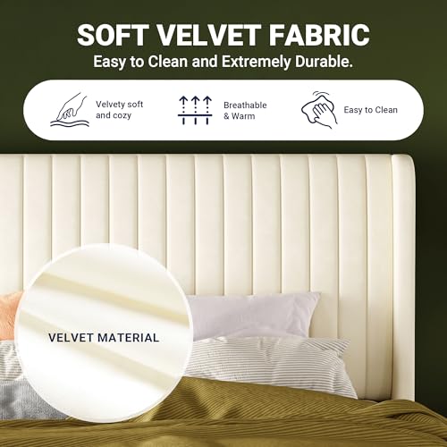 Image of Allewie King Size Velvet Bed Frame /Vertical Channel Tufted Wingback Headboard /Upholstered Platform Bed /No Box Spring Needed /Strong Wooden Slats /Easy Assembly /Cream White