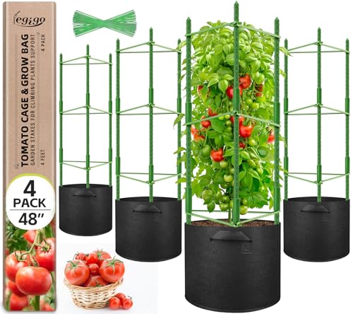 Legigo 4 Pack Tomato Cages with 10 Gallon Grow Bags- 48 Inch Tomato Trellis Planter Plant Support...