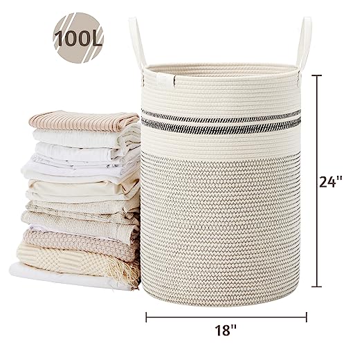Image of VIPOSCO 100L Tall Woven Rope Laundry Hamper, Leather Handles, Stripe White | Large Wicker Laundry Basket for Dirty Clothes, Blanket, Toy, Towel, Yoga Mat, Storage Bin in Bedroom, Bathroom, Living Room