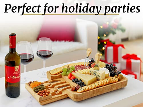 Image of Zulay Kitchen Premium Bamboo Cheese Board Set - Extra Thick Bamboo Charcuterie Board Set with 4 Piece Knife Set - Wooden Cheese Board, Perfect for Charcuterie, Wine & Cheese - Charcuterie Gift Set