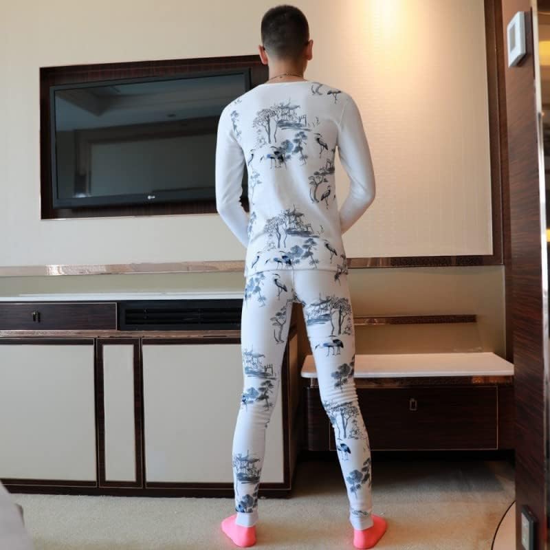 Men's Thermal Underwear Set with Fleece Lined Winter Warm Suit with Velvet Thickened Printed Underwear 479
