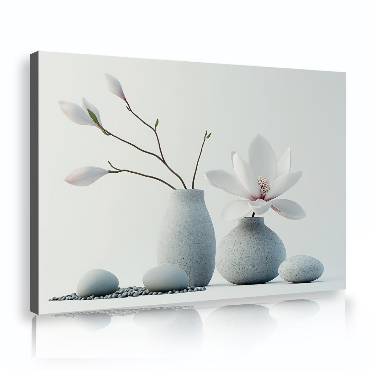 Via Vela White Magnolia Framed Art Prints Zen Stone Ceramic Vase Picture Minimalist Botanical Flower Poster Canvas Wall Decor For Bathroom Salon Spa 50x75cm