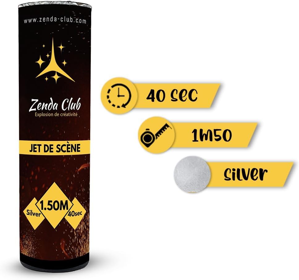 Lot de 5 Jets de Scène 1,5 Mètres / 40 Secondes Couleur Argent - Effets d'Intérieure et d'Extérieur Spectaculaires pour Mariages et Événements - Zenda Club® (Argent)