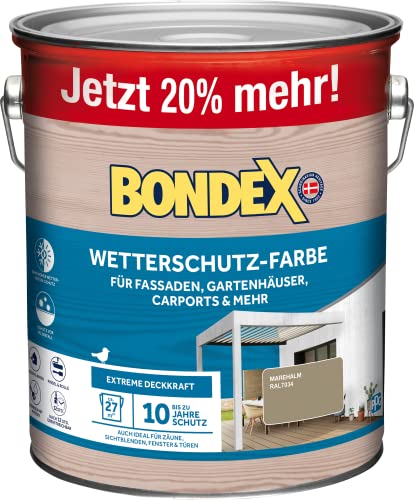 Bondex Wetterschutz Farbe Marehalm (RAL7034) 3 L für 27 m | Extreme Deckkraft | Hervorragende Witterungsbeständigkeit | seidenglänzend | Wetterschutzfarbe | Holzfarbe