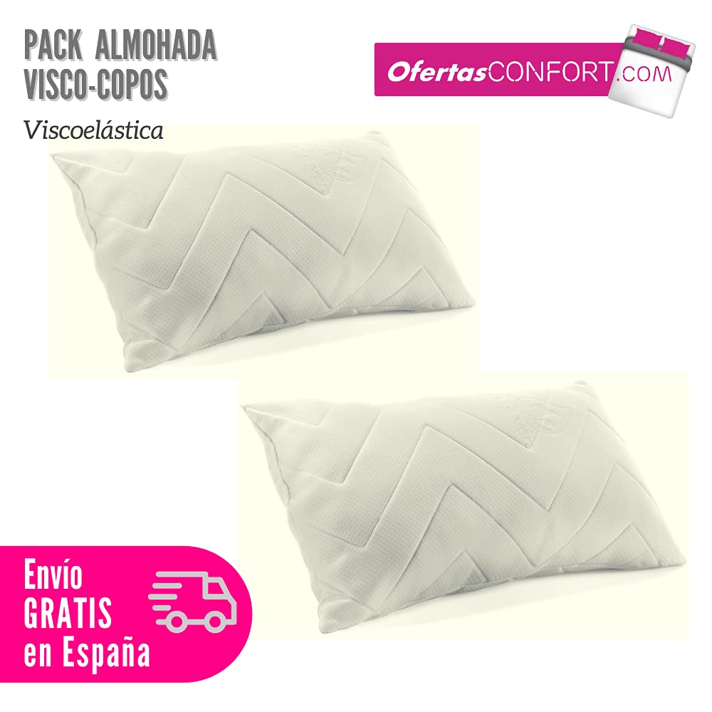 N/S Pack de 2 Almohadas con Copos de viscoelástica 150 cm, Almohada de Cama, Tejido Strech Transpirable, Funda Color Blanco, Almohada Suave, firmeza Media Baja, Ofertas Confort
