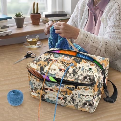 Image of Drnuikhe Cat and Dog Prints Yarn Storage Organizers and Storage Organized for Crochet Hooks Large Capacity Yarn Tote Organizer Crochet Bag for Knitting Needles, Crochet Hooks and Other Accessories