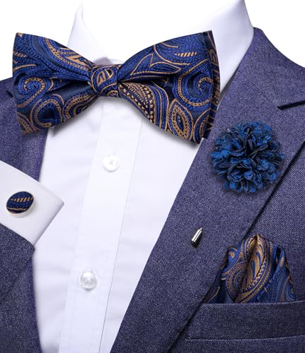 Image of Hi-Tie 5Pcs Mens Solid Color Silk Tie Satin Pretied Bowtie Lapel Pin for Men Handkerchief Cufflink Wedding Gift Box