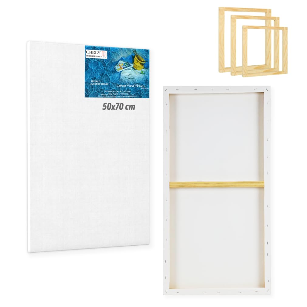 CHELY INTERMARKET MOD561 Lienzos Para Pintar 50x70 CM Pack 4 Unidades Bastidor Madera 37 MM Algodón Blanco Preimprimado Profesional Para Acrílico Óleo Manualidades Bellas Artes Artistas Aficionados