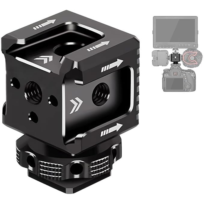 Aluminium Alloy Triple Cold Shoe Extension Cube | 1/4" Screw Mount Multi-Interface Adapter for Camera, DSLR, Action Camera, Microphone, LED Light & Accessories
