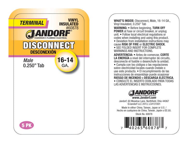 Jandorf Specialty Hardw Term Disc Male Vnyl Ins .25Tab 60878