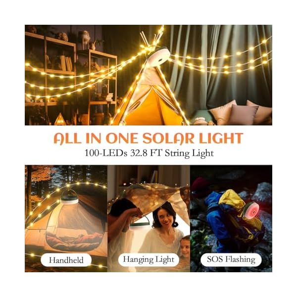 SoulBay Camping Lichterkette, 10m Langen Solar USB Aufladbar Campinglampe mit 5 Beleuchtungsmodi, Camping Zubehör Wasserdichte mit Fernbedienung für Outdoor Garten Balkon Zimmer Deko – Bild 5