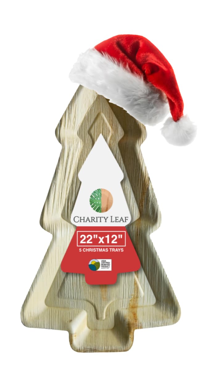 Charity Leaf Platos de Navidad desechables de hoja de palma de 22 x 12 pulgadas (5 piezas), platos de bambú para servir, tablas desechables, vajilla ecológica para Navidad, bodas, catering, eventos